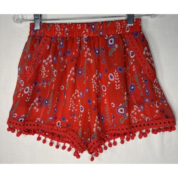 Pants - Allison New York Flirty Shorts Sx 25in Waist Sheer and Lined Fringe PomPoms BoHo